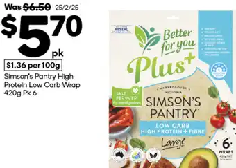 Woolworths Simson's Pantry High Protein Low Carb Wrap offer