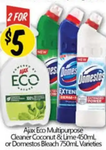 NQR Ajax Eco Multipurpose Cleaner Coconut & Lime or Domestos Bleach offer