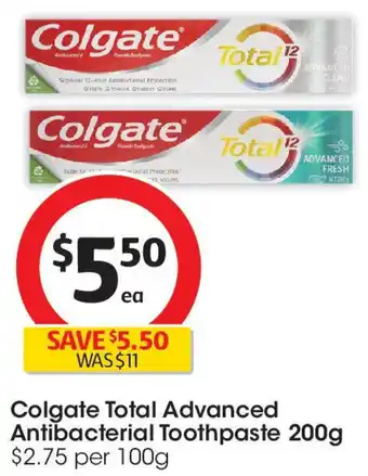 Coles Colgate Total ADVANCED Antibacterial Toothpaste offer