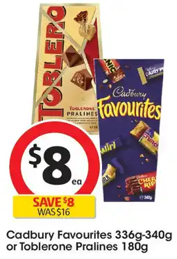 Coles Cadbury favourites or toblerone pralines offer