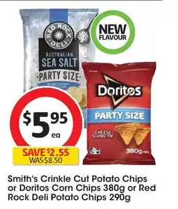 Coles Smith's Crinkle Cut Potato Chips or Doritos Corn Chips or Red Rock Deli Potato Chips offer