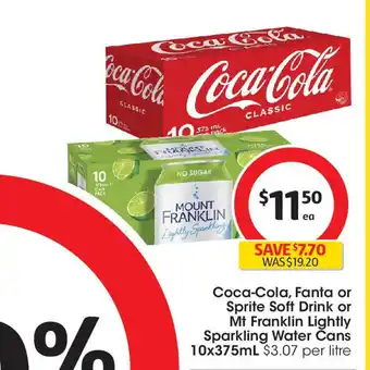 Coles Coca-Cola, Fanta or Sprite Soft Drink or Mt Franklin Lightly Sparkling Water Cans offer