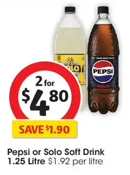 Coles Pepsi or Solo Soft Drink 1.25 Litre offer