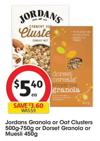 Coles Jordans Granola or Oat Clusters  or Dorset Granola or Muesli 450g offer