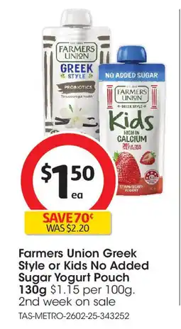 Coles Farmers Union Greek Style or Kids No Added Sugar Yogurt Pouch offer