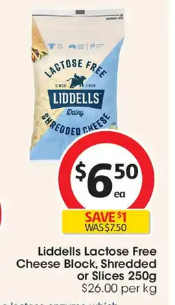 Coles Liddells Lactose Free Cheese Block, Shredded or Slices 250g offer