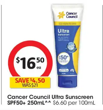 Coles Cancer Council Ultra Sunscreen SPF50+ 250mL offer