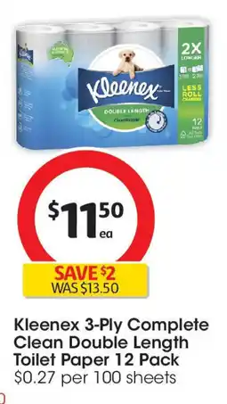 Coles Kleenex 3-Ply Complete Clean Double Length Toilet Paper 12 Pack offer