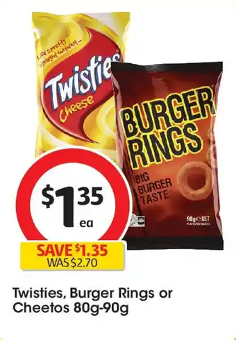 Coles Twisties, Burger Rings or Cheetos 80g-90g offer