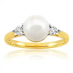 Shiels 9ct Yellow Gold Magnificent 2 Diamonds + Pearl Ring offer