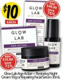 NQR Glow Lab Age Active+Restoring Night Cream or Repairing Facial Serum offer