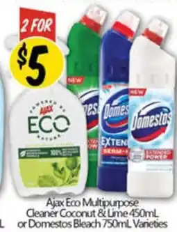 NQR Ajax Eco Multipurpose Cleaner Coconut & Lime or Domestos Bleach Varieties offer