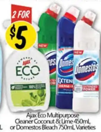 NQR Ajax Eco Multipurpose Cleaner Coconut & Lime or Domestos Bleach Varieties offer