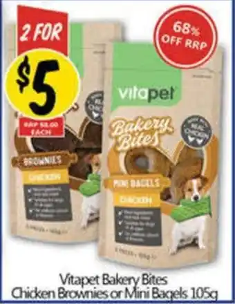 NQR Vitapet Bakery Bites Chicken Brownies or Mini Bagels offer