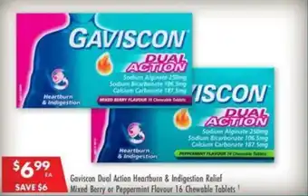 Pharmacy4Less Gaviscon Dual Action Heartburn & Indigestion Relief Mixed Berry or Peppermint Flavour 16 Chewable Tablets offer