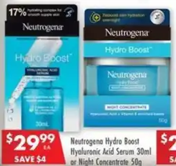 Pharmacy4Less Neutrogena Hydro Boost Hyaluronic Acid Serum or Night Concentrate offer