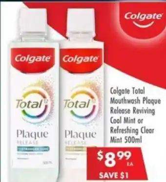 Pharmacy4Less Colgate Total Mouthwash Plaque Release Reviving Cool Mint or Refreshing Clear Mint offer