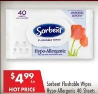 Pharmacy4Less Sorbent Flushable Wipes Hypo-Allergenic 40 Sheets offer