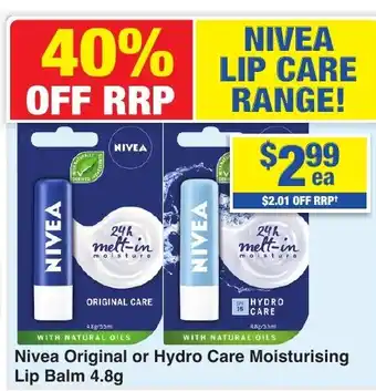 My Chemist Nivea Original or Hydro Care Moisturising Lip Balm offer