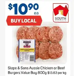 Foodland Slape and Sons Aussie Chicken or Beef Burgers Value Buy 800g offer