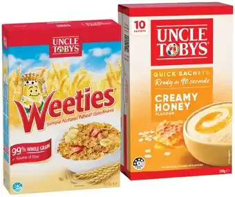 IGA Uncle Tobys Quick Oats Sachets 8-10 Pack or Weeties Cereal 510g Selected Varieties offer