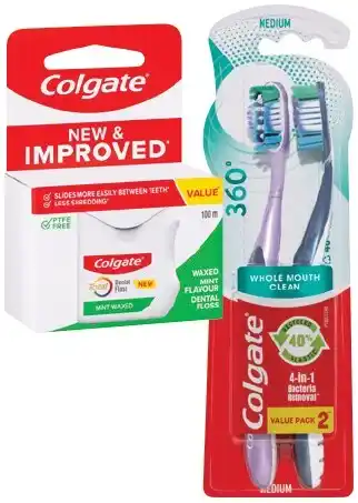 IGA Colgate 360° Toothbrush 2 Pack or Total Mint Waxed Dental Floss 100m Selected Varieties offer