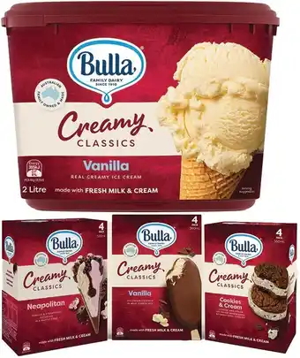 IGA Bulla Creamy Classics Ice Cream 2 Litre and 4 Pack Selected Varieties offer