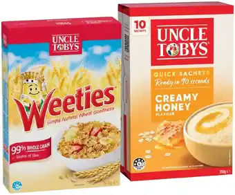 IGA Uncle Tobys Rolled Oats Quick Sachets 8‑10 Pack or Weeties Cereal 510g Selected Varieties offer