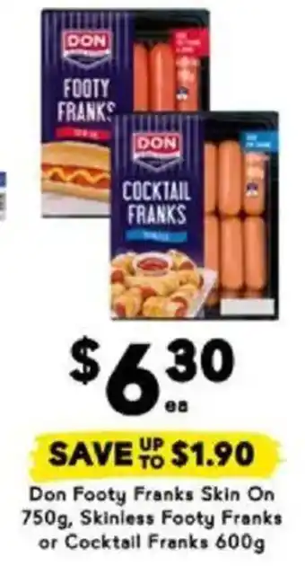 Drakes Don Footy Franks Skin Skinless Footy Franks. or Cocktail Franks offer