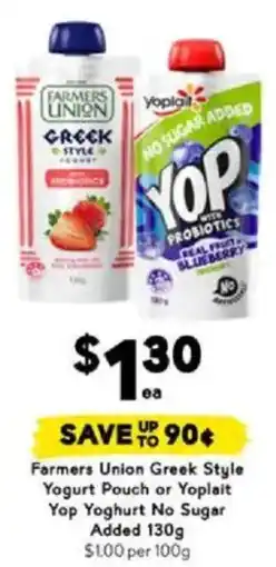 Drakes Farmers Union Greek Style Yogurt Pouch or Yoplait Yop Yoghurt No Sugar Added offer