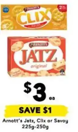 Drakes Arnott's Jatz, Clix or Savoy 225g-250g offer