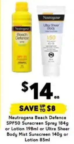 Drakes Neutrogena Beach Defence SPF50 Sunscreen Spray or Lotion or Ultra Sheer Body Mist Sunscreen or Lotion offer