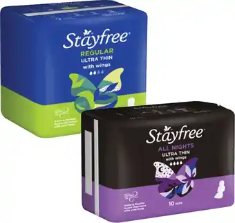 Coles Stayfree Ultra Thin Pads with Wings Regular 14 Pack or All Nights 10 Pack offer