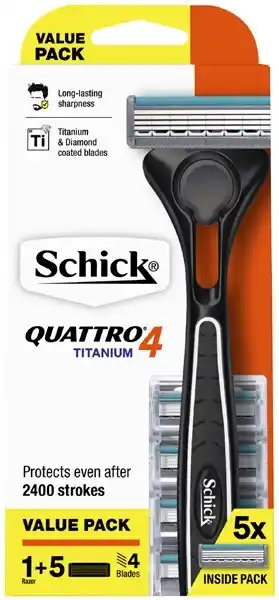 Coles Schick Quattro 4 Titanium Razor Kit with 5 Refill Blades 1 Pack offer