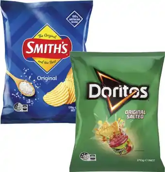 Coles Doritos Corn Chips or Smith's Crinkle Cut Potato Chips 150g-170g offer