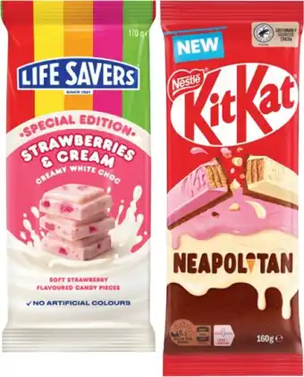 Coles NEW Nestlé Neapolitan Block Chocolate 160g or Life Savers Strawberries & Cream Block Chocolate 170g offer