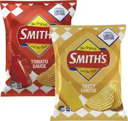 Coles NEW Smith's Tomato Sauce or Tasty Cheese Crinkle Cut Potato Chips 150g offer