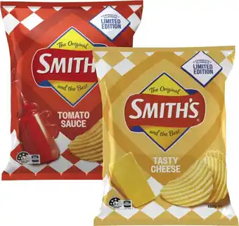 Coles NEW Smith's Tomato Sauce or Tasty Cheese Crinkle Cut Potato Chips 150g offer