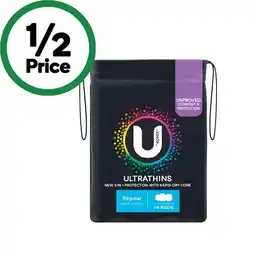 Woolworths U by Kotex Ultrathins Pads Pk 8-14 offer