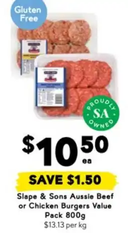 Drakes Slape & Sons Aussie Beef or Chicken Burgers Value Pack offer