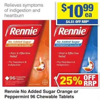 My Chemist Rennie No Added Sugar Orange or Peppermint 96 Chewable Tablets offer