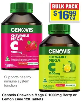 My Chemist Cenovis Chewable Mega C 1000mg Berry or Lemon Lime 120 Tablets offer