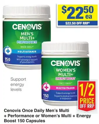 My Chemist Cenovis Once Daily Men's Multi + Performance or Women's Multi + Energy Boost 150 Capsules offer