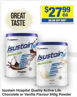 My Chemist Isustain Hospital Quality Active Life Chocolate or Vanilla Flavour Powder offer