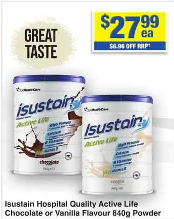 My Chemist Isustain Hospital Quality Active Life Chocolate or Vanilla Flavour Powder offer