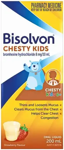 Pharmacist Advice Bisolvon Chesty Kids 6+ Oral Liquid Strawberry Flavour 200mL offer