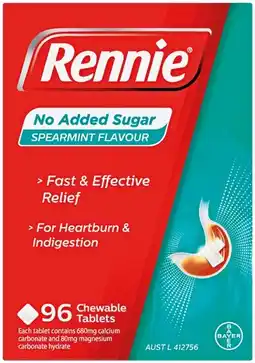 Pharmacist Advice Rennie No Added Sugar Spearmint Flavour 96 Chewable Tablets offer