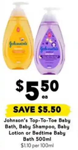 Drakes Johnson's Top-To-Toe Baby Bath, Baby Shampoo, Baby Lotion or Bedtime Baby Bath offer