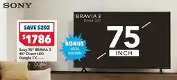 Harvey Norman Sony 75" bravia 3 4K" Direct LED Google TV offer