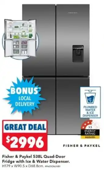 Harvey Norman Fisher & Paykel 538L Quad-Door Fridge with Ice & Water Dispenser. offer